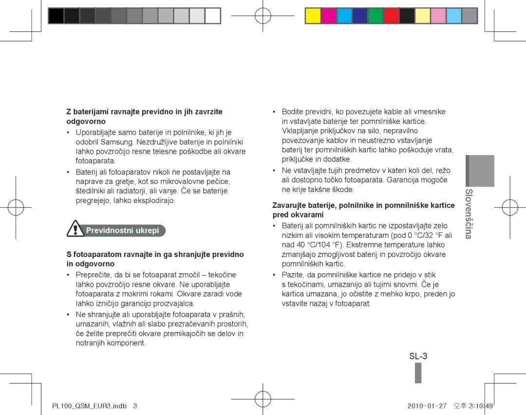 Samsung EC-PL100ZBPSRU, EC-PL101ZBDSE1 SL-3, Baterijami ravnajte previdno in jih zavrzite odgovorno, Previdnostni ukrepi 