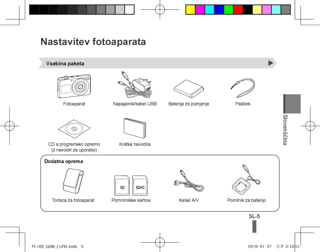 Samsung EC-PL101ZBDSE2, EC-PL101ZBDSE1 manual Nastavitev fotoaparata, SL-5, Slovenščina, Vsebina paketa, Dodatna oprema 