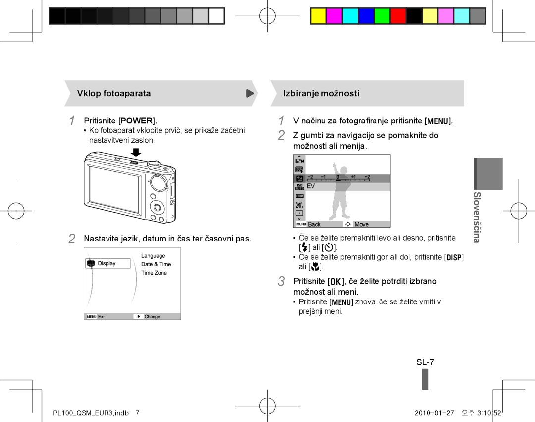 Samsung EC-PL100ZBPVRU manual SL-7, Vklop fotoaparata, Nastavite jezik, datum in čas ter časovni pas, Izbiranje možnosti 