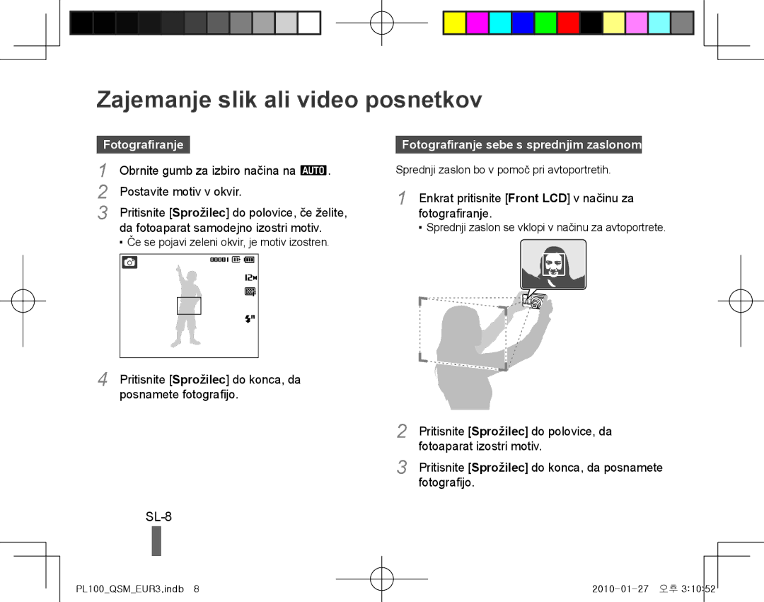 Samsung EC-PL100ZBPPE3 manual Zajemanje slik ali video posnetkov, SL-8, Fotografiranje sebe s sprednjim zaslonom 