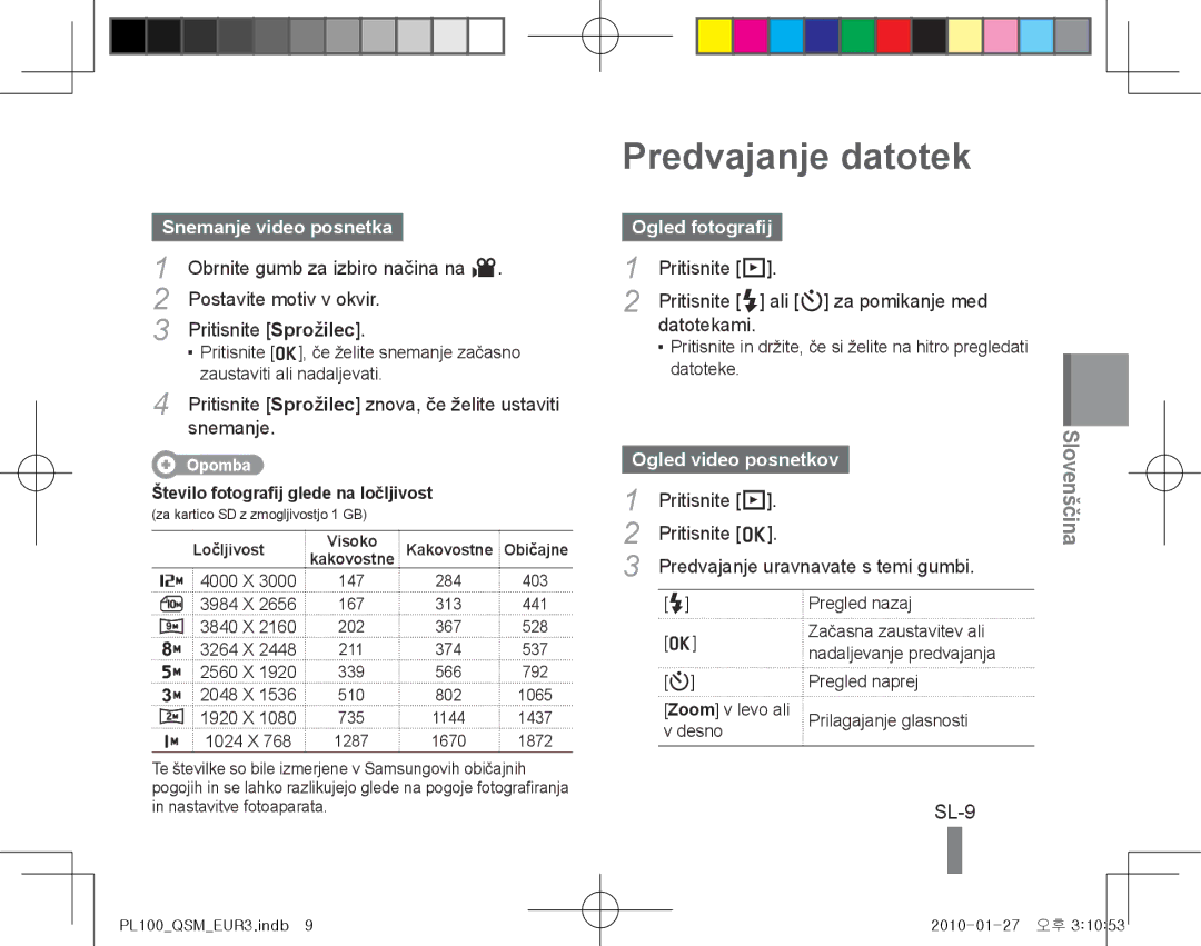 Samsung EC-PL100ZBPVE3 manual Predvajanje datotek, SL-9, Snemanje video posnetka, Ogled fotografij, Ogled video posnetkov 