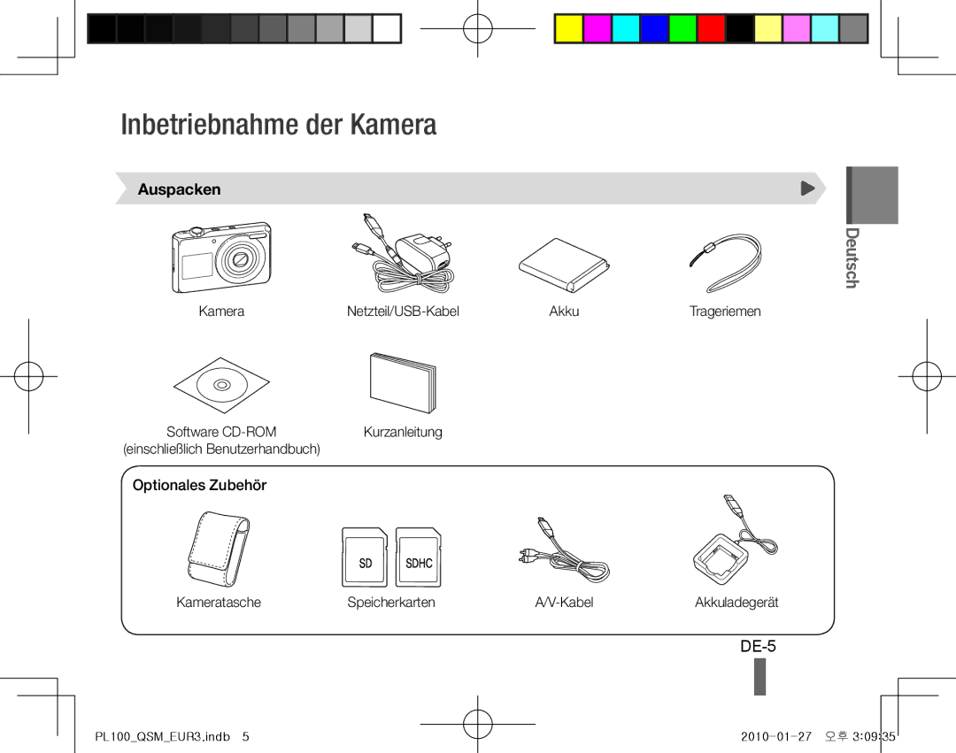 Samsung EC-PL100ZBPVDZ, EC-PL101ZBDSE1, EC-PL100ZBPSE1 manual Inbetriebnahme der Kamera, DE-5, Auspacken, Optionales Zubehör 