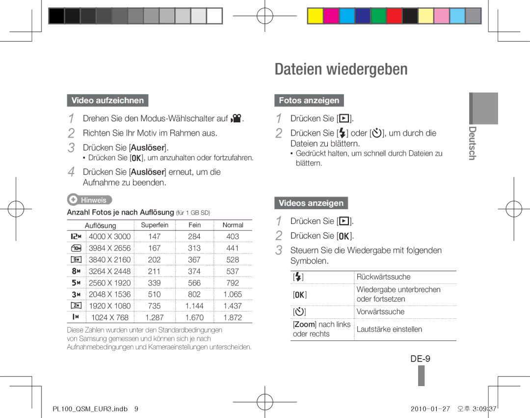 Samsung EC-PL100ZDPBME, EC-PL101ZBDSE1 manual Dateien wiedergeben, DE-9, Video aufzeichnen, Fotos anzeigen, Videos anzeigen 