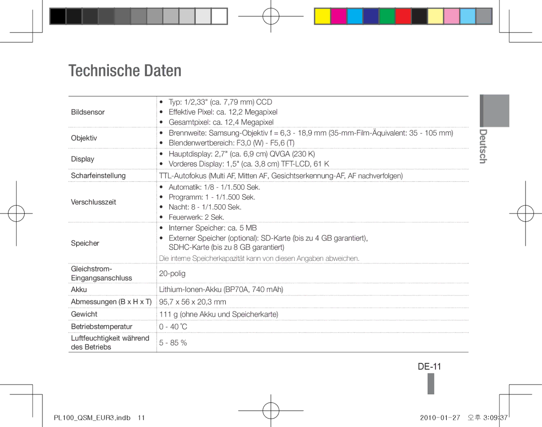 Samsung EC-PL100ZDPVIR, EC-PL101ZBDSE1, EC-PL100ZBPSE1, EC-PL100ZBPBZA, EC-PL101ZBPBE1, EC-PL100ZBPSGB Technische Daten, DE-11 