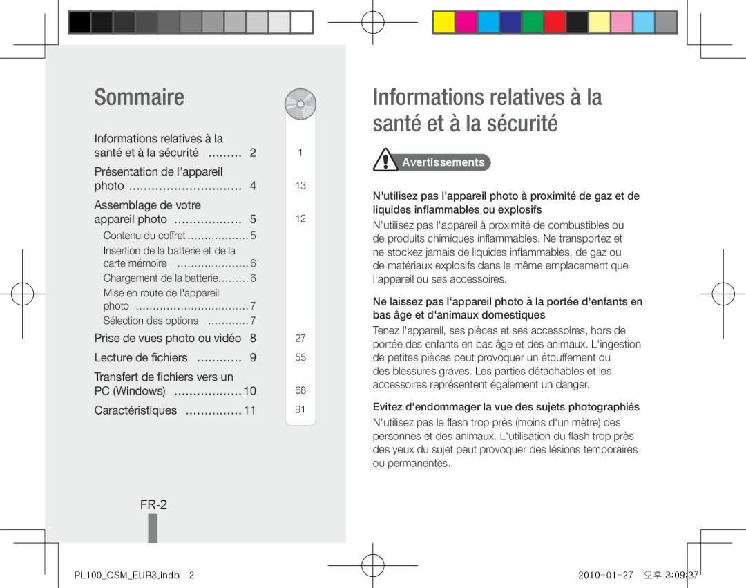 Samsung EC-PL100ZDPVME, EC-PL101ZBDSE1 Sommaire, Informations relatives à la santé et à la sécurité, FR-2, Avertissements 