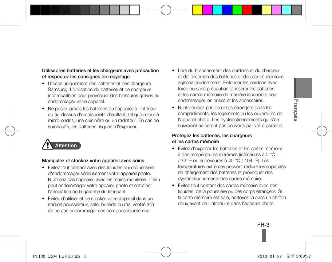 Samsung EC-PL100ZBPPSA, EC-PL101ZBDSE1, EC-PL100ZBPSE1 manual FR-3, Français, Manipulez et stockez votre appareil avec soins 