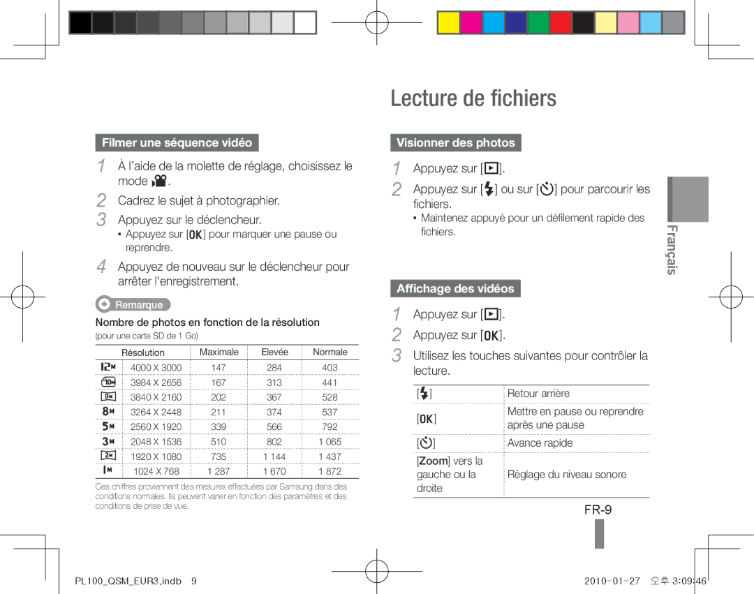 Samsung EC-PL100ZBPSDZ Lecture de fichiers, FR-9, Filmer une séquence vidéo, Visionner des photos, Affichage des vidéos 