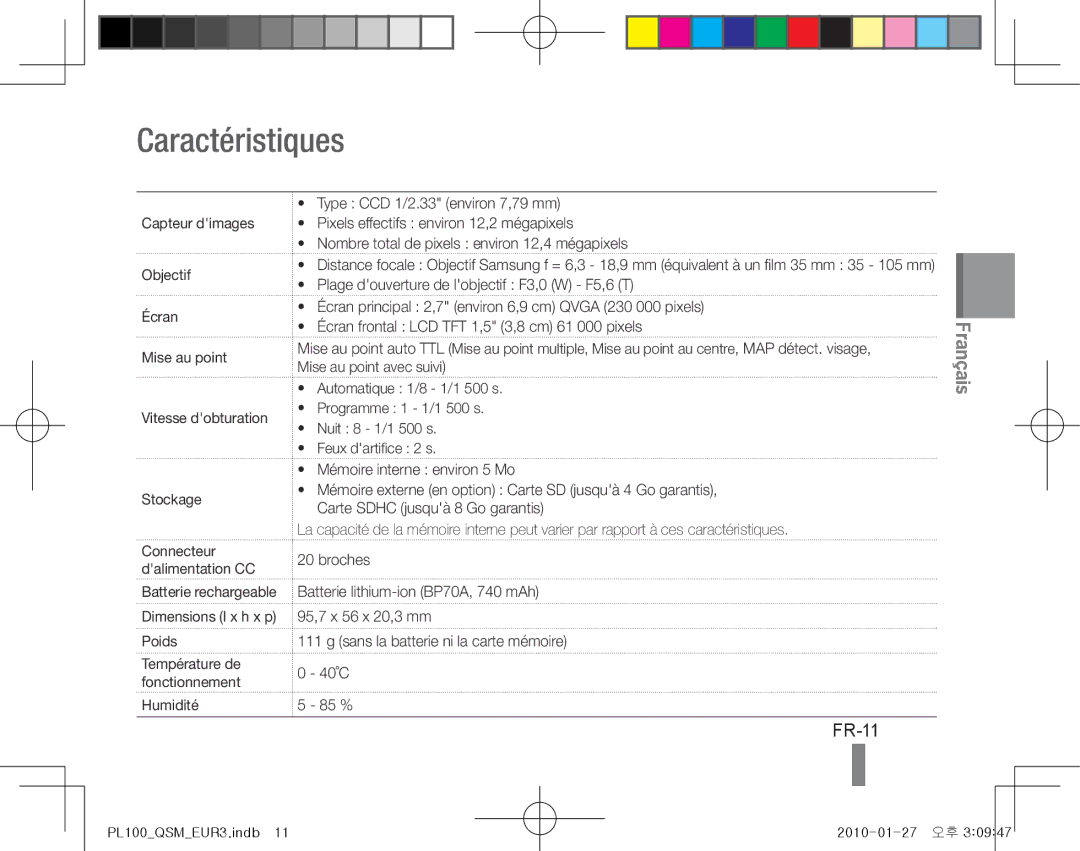 Samsung EC-PL100ZDPGME, EC-PL101ZBDSE1, EC-PL100ZBPSE1, EC-PL100ZBPBZA, EC-PL101ZBPBE1, EC-PL100ZBPSGB Caractéristiques, FR-11 