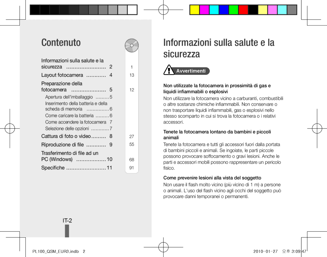 Samsung EC-PL100ZDPUME, EC-PL101ZBDSE1, EC-PL100ZBPSE1 manual Contenuto, Informazioni sulla salute e la sicurezza, IT-2 