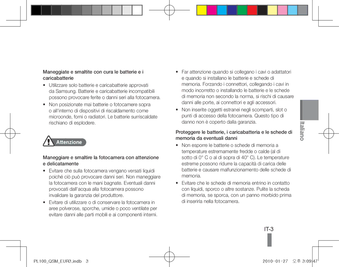 Samsung EC-PL100ZBPBDZ, EC-PL101ZBDSE1, EC-PL100ZBPSE1, EC-PL100ZBPBZA manual IT-3, Attenzione, Memoria da eventuali danni 