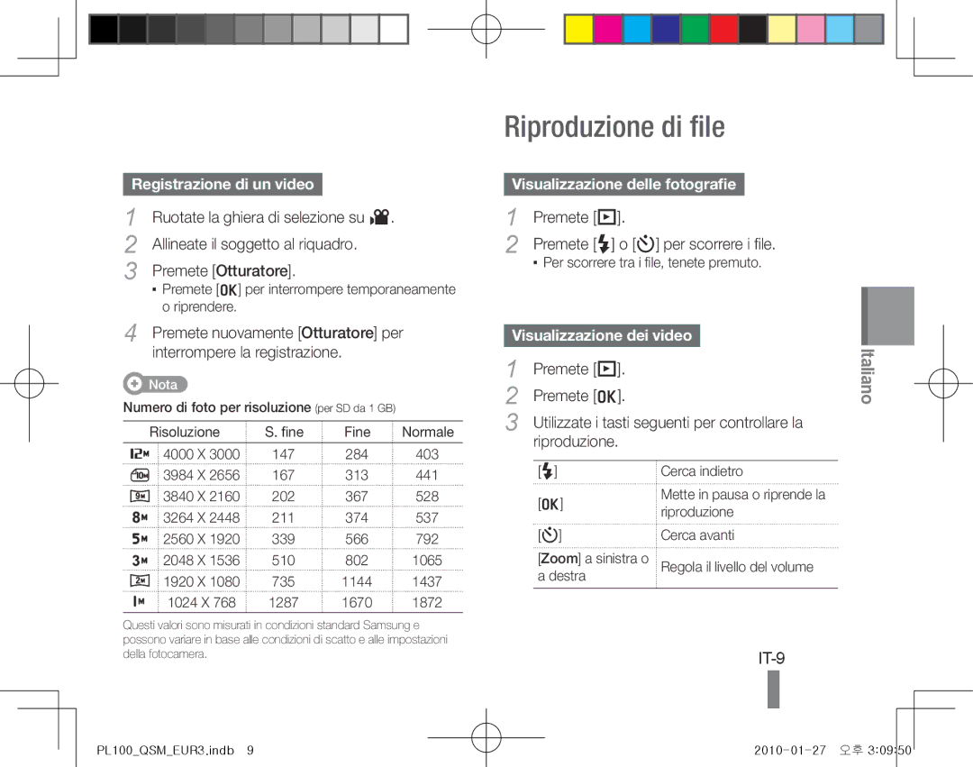 Samsung EC-PL100ZBPUSA manual Riproduzione di file, IT-9, Registrazione di un video, Visualizzazione delle fotografie 