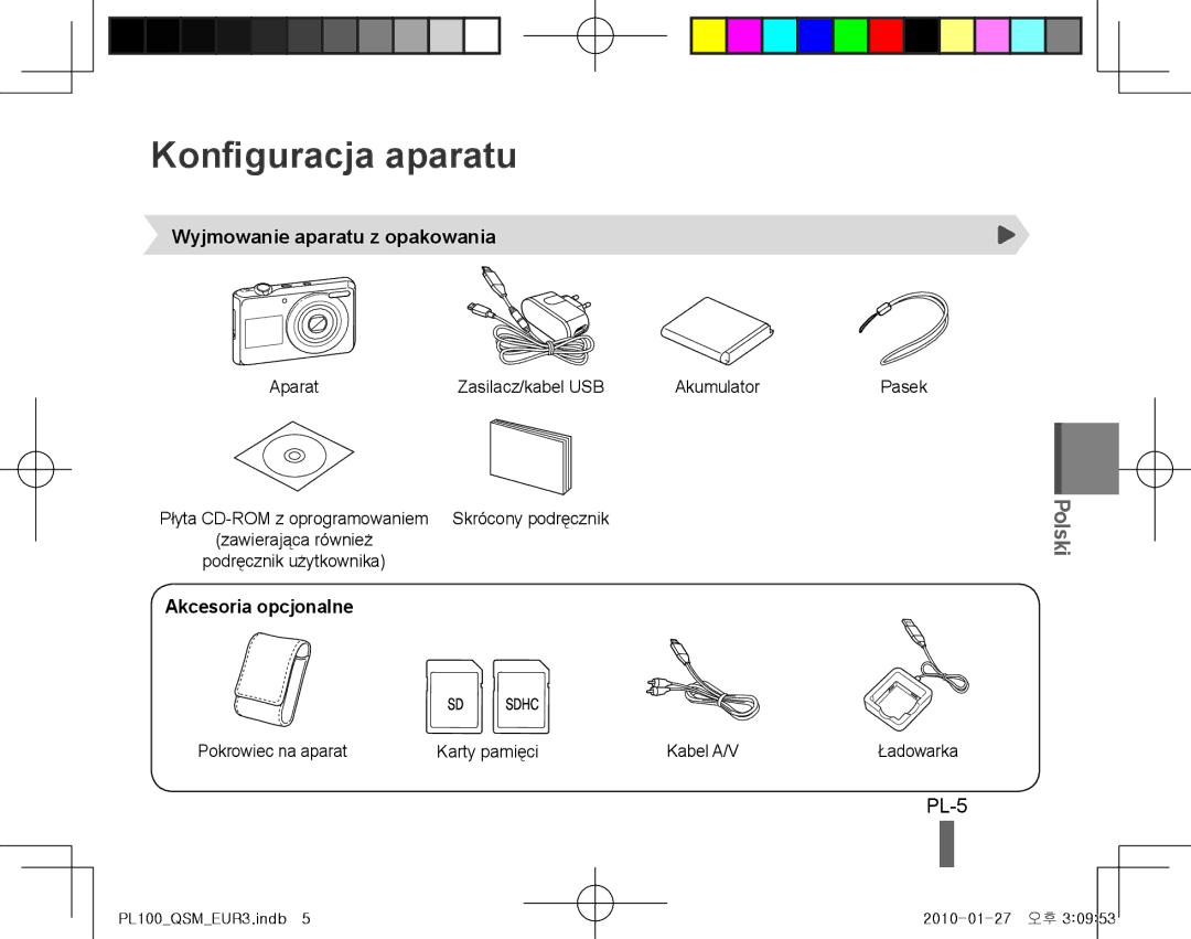 Samsung EC-PL100ZBPBIL manual Konfiguracja aparatu, PL-5, Polski, Wyjmowanie aparatu z opakowania, Akcesoria opcjonalne 