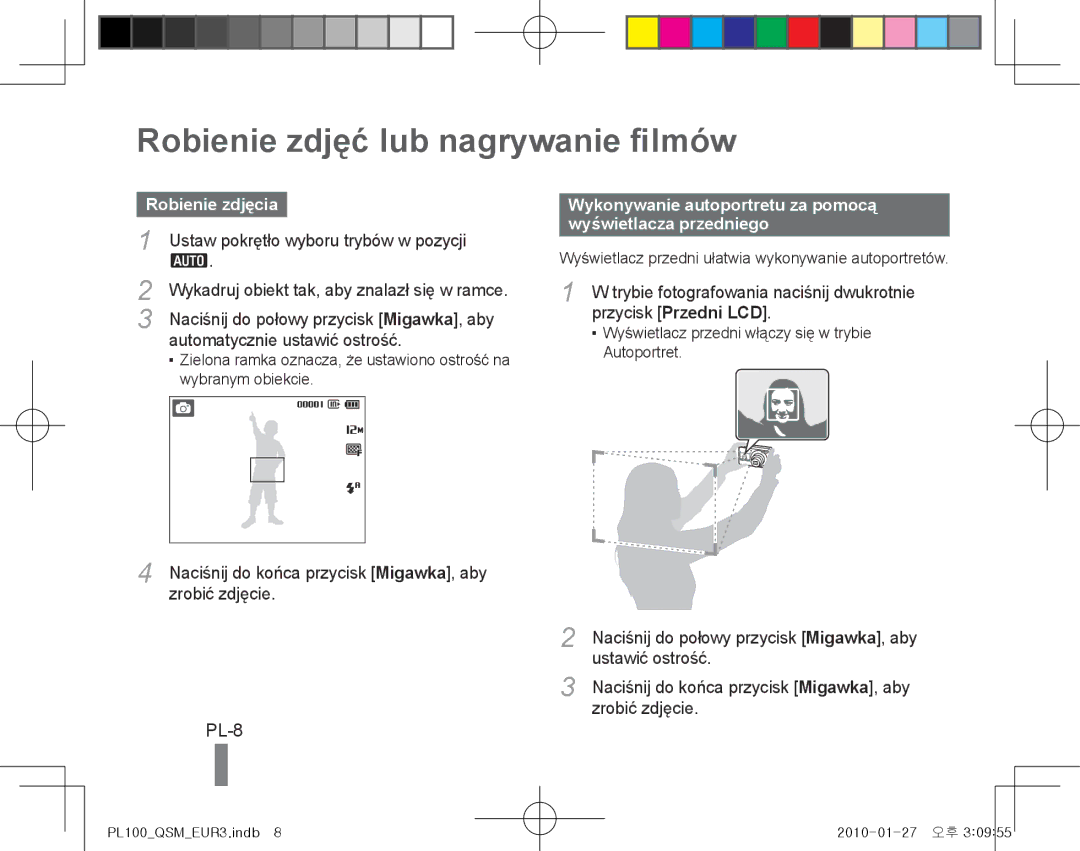 Samsung EC-PL100ZBDSVN, EC-PL101ZBDSE1, EC-PL100ZBPSE1 manual Robienie zdjęć lub nagrywanie filmów, PL-8, Robienie zdjęcia 