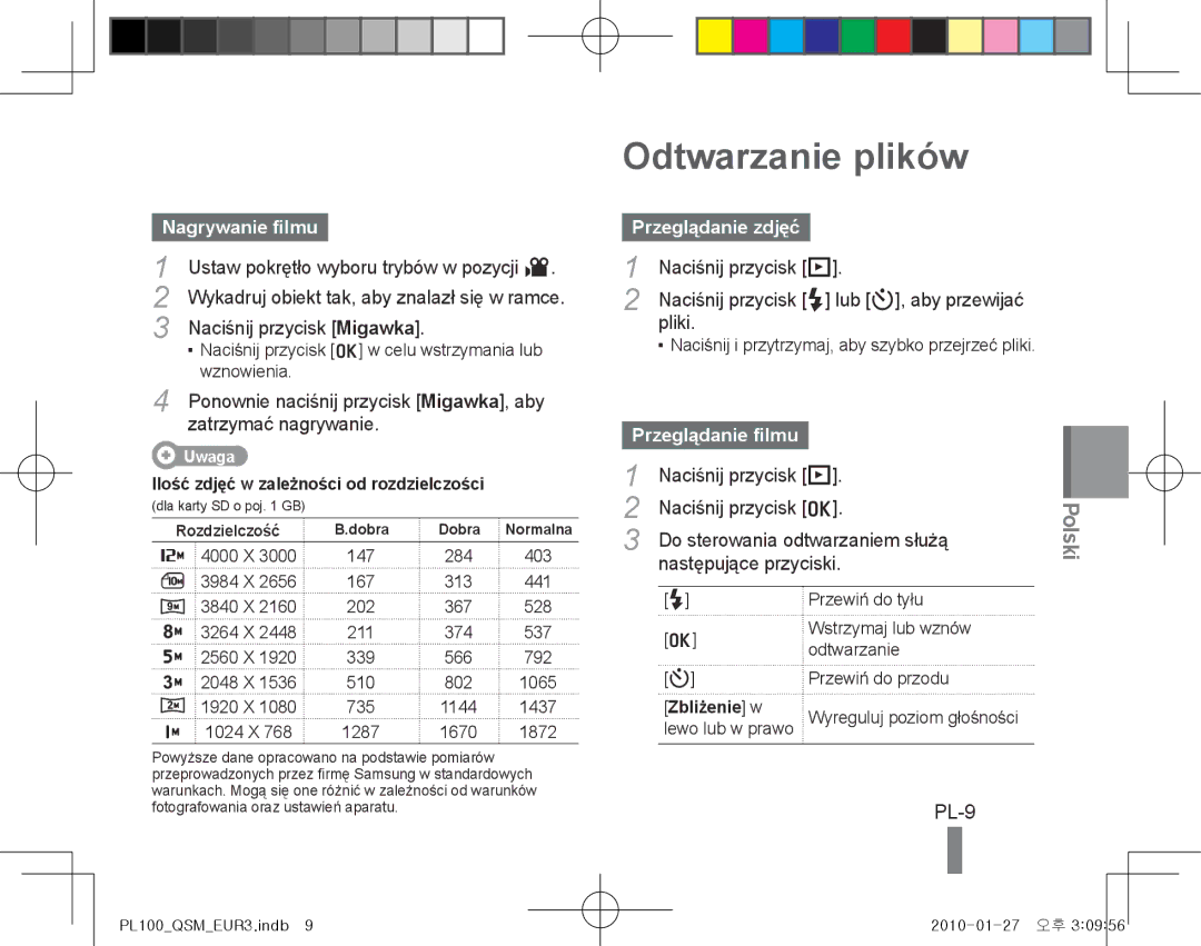 Samsung EC-PL100ZBPBVN, EC-PL101ZBDSE1 Odtwarzanie plików, PL-9, Nagrywanie filmu, Przeglądanie zdjęć, Przeglądanie filmu 