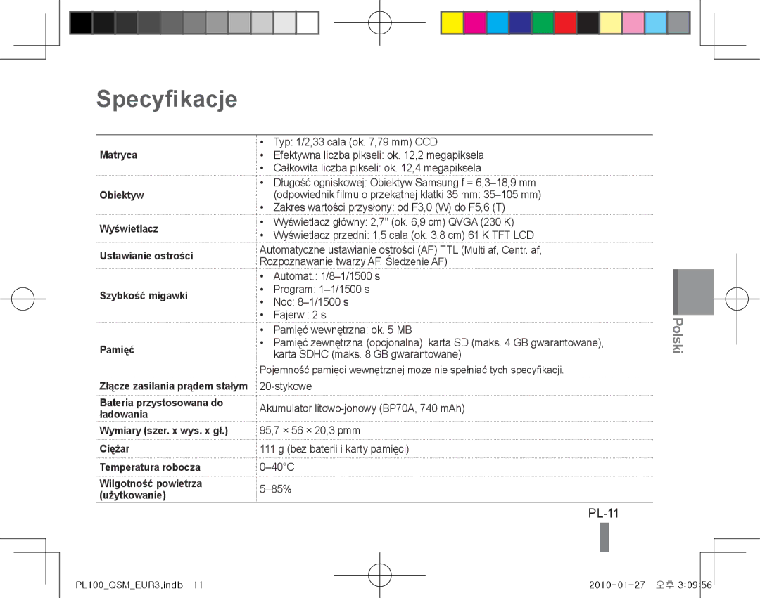 Samsung EC-PL100ZBPSVN, EC-PL101ZBDSE1, EC-PL100ZBPSE1, EC-PL100ZBPBZA, EC-PL101ZBPBE1, EC-PL100ZBPSGB Specyfikacje, PL-11 