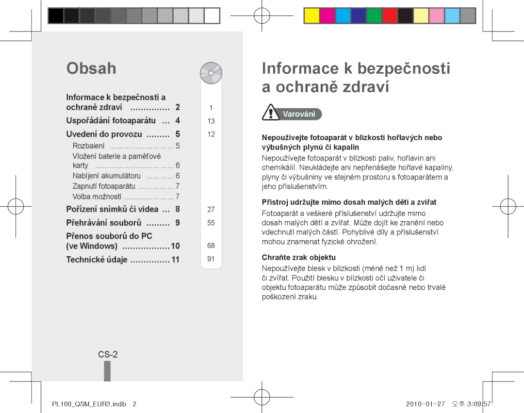 Samsung EC-PL101ZBDGVN, EC-PL101ZBDSE1 manual Obsah, Informace k bezpečnosti a ochraně zdraví, CS-2, Přenos souborů do PC 