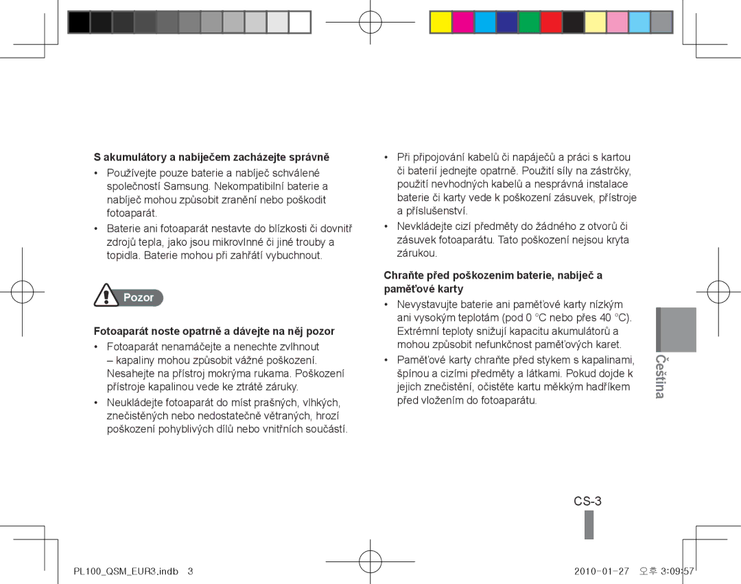 Samsung EC-PL100ZBPSE3, EC-PL101ZBDSE1, EC-PL100ZBPSE1, EC-PL100ZBPBZA, EC-PL101ZBPBE1, EC-PL100ZBPSGB CS-3, Čeština, Pozor 