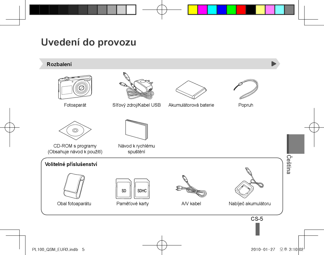 Samsung EC-PL100ZBPBE2 Uvedení do provozu, CS-5, Rozbalení, Volitelné příslušenství, Obal fotoaparátu Paměťové karty Kabel 