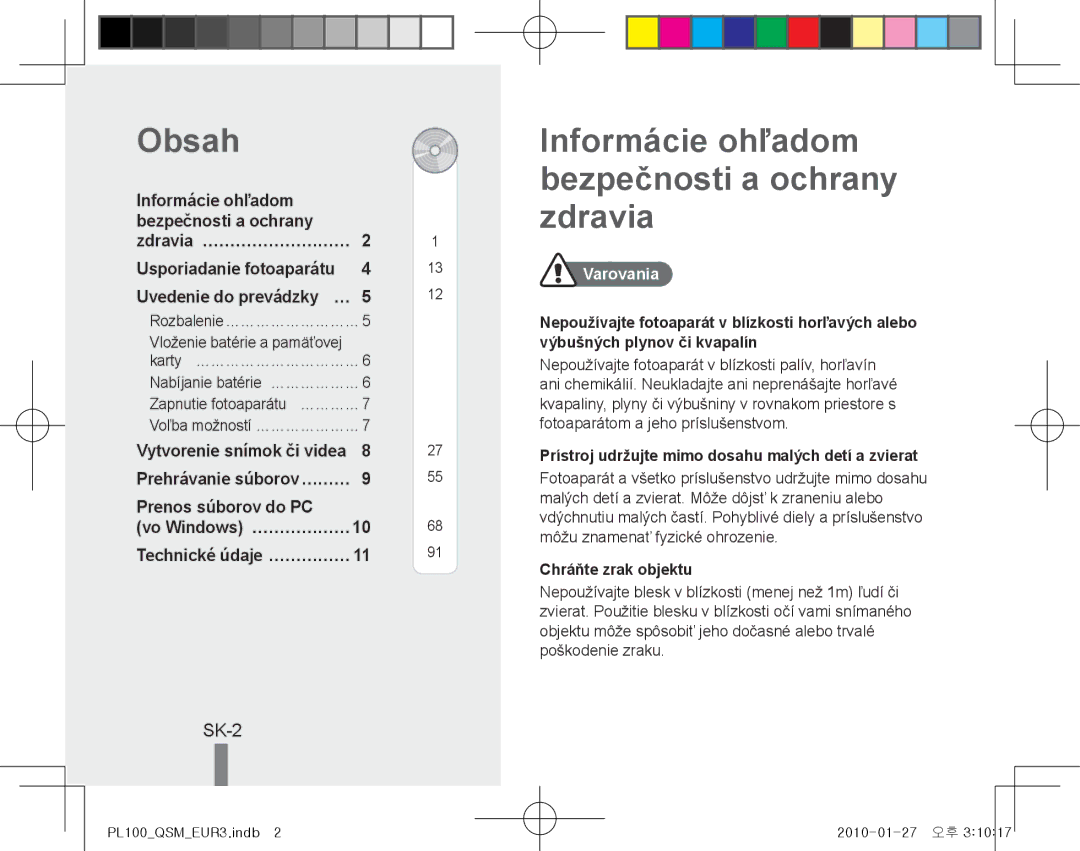 Samsung EC-PL100ZBPVRU manual Informácie ohľadom bezpečnosti a ochrany zdravia, SK-2, Prenos súborov do PC, Varovania 