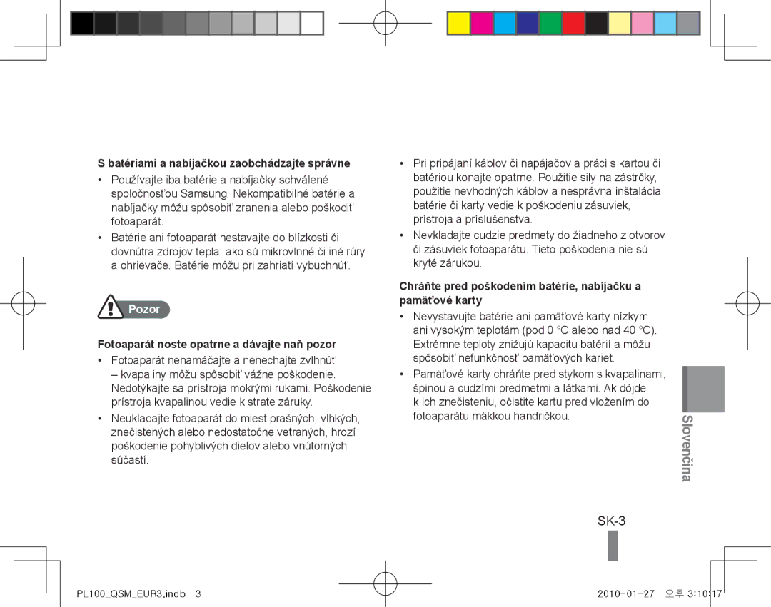 Samsung EC-PL100ZBPPE3, EC-PL101ZBDSE1, EC-PL100ZBPSE1 manual SK-3, Slovenčina, Batériami a nabíjačkou zaobchádzajte správne 