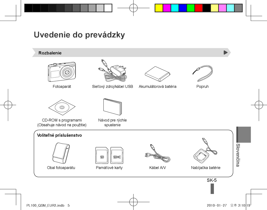 Samsung EC-PL101ZBDSE1, EC-PL100ZBPSE1, EC-PL100ZBPBZA Uvedenie do prevádzky, SK-5, Rozbalenie, Voliteľné príslušenstvo 