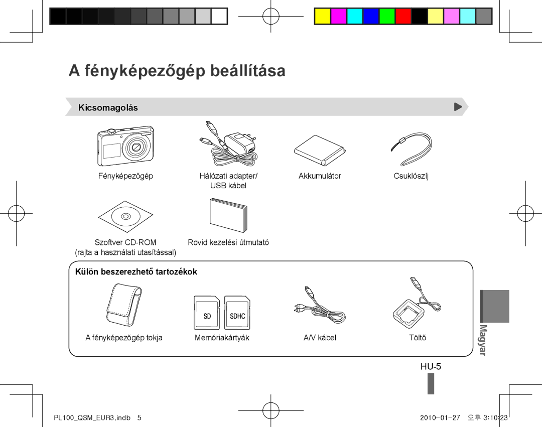 Samsung EC-PL100ZBPUIT, EC-PL101ZBDSE1 manual Fényképezőgép beállítása, HU-5, Kicsomagolás, Külön beszerezhető tartozékok 