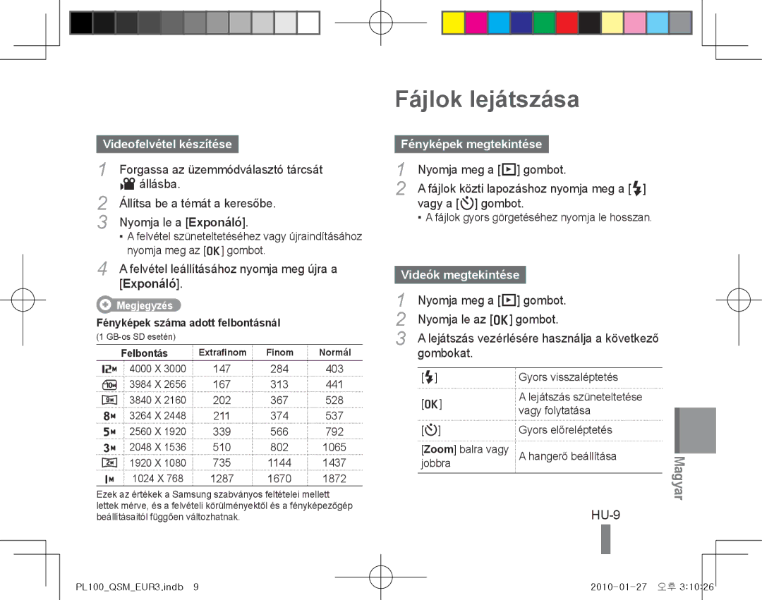 Samsung EC-PL101ZBDBE1 manual Fájlok lejátszása, HU-9, Videofelvétel készítése, Fényképek megtekintése, Videók megtekintése 