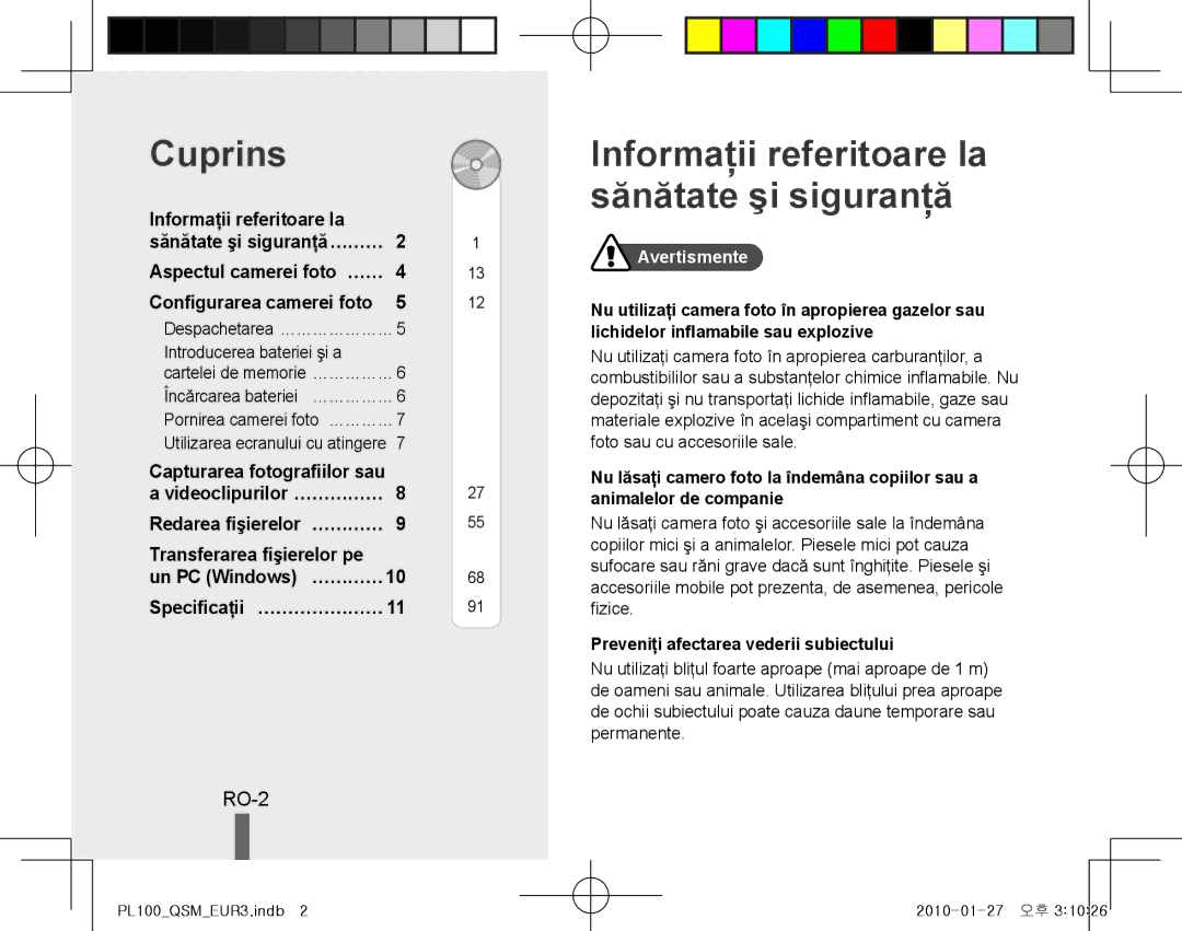 Samsung EC-PL100ZBPSIL manual Cuprins, Informaţii referitoare la sănătate şi siguranţă, RO-2, Transferarea fişierelor pe 