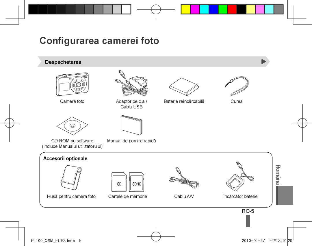 Samsung EC-PL100ZDPSIR, EC-PL101ZBDSE1, EC-PL100ZBPSE1 Configurarea camerei foto, RO-5, Despachetarea, Accesorii opţionale 