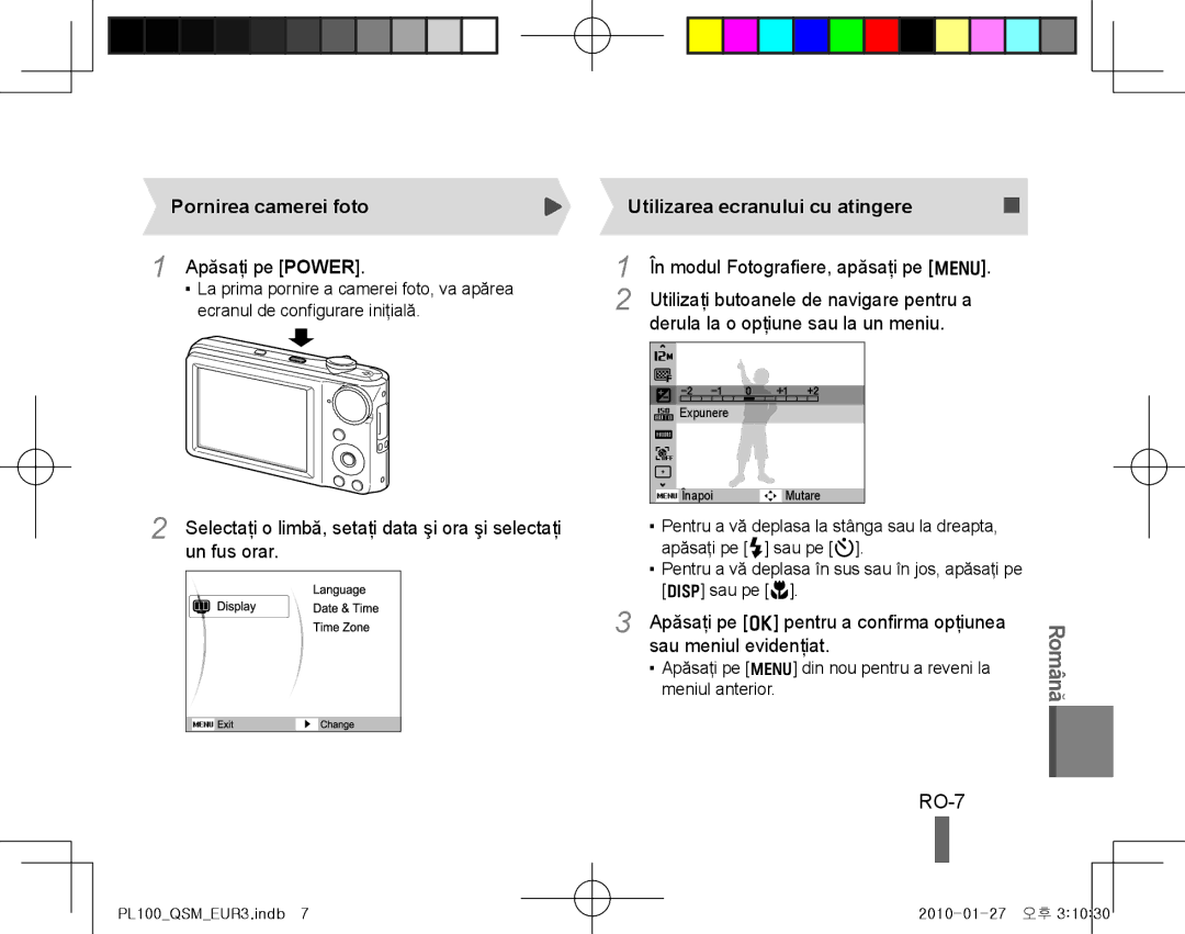 Samsung EC-PL100ZDPVME, EC-PL101ZBDSE1 RO-7, Pornirea camerei foto, Apăsaţi pe Power, Utilizarea ecranului cu atingere 