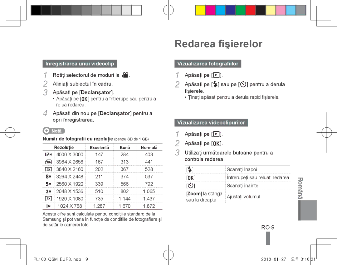 Samsung EC-PL100ZBPBDX, EC-PL101ZBDSE1 Redarea fişierelor, RO-9, Înregistrarea unui videoclip, Vizualizarea fotografiilor 