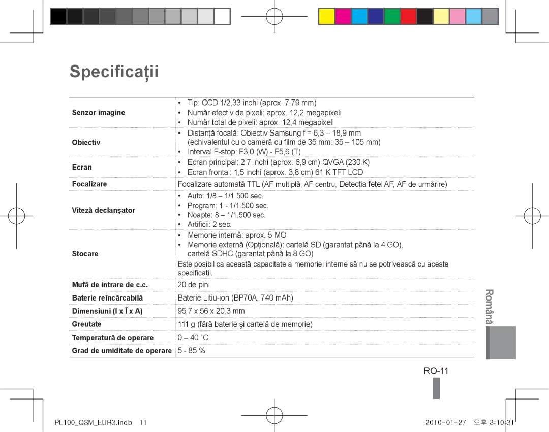 Samsung EC-PL100ZBPPZA, EC-PL101ZBDSE1, EC-PL100ZBPSE1, EC-PL100ZBPBZA, EC-PL101ZBPBE1, EC-PL100ZBPSGB Specificaţii, RO-11 