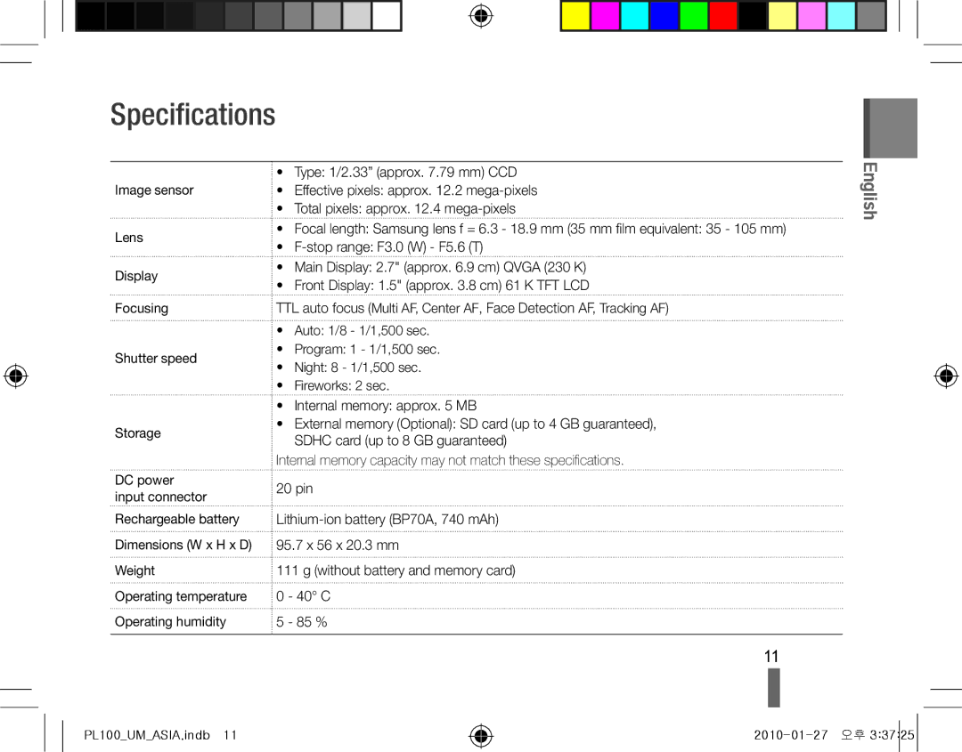 Samsung EC-PL100ZBPSIT, EC-PL101ZBDSE1, EC-PL100ZBPSE1, EC-PL100ZBPBZA, EC-PL101ZBPBE1, EC-PL100ZBPSGB manual Specifications 