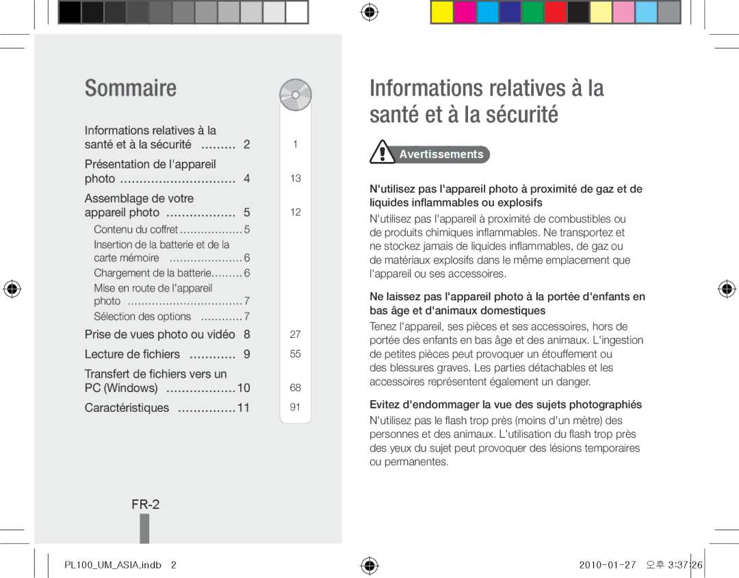 Samsung EC-PL100ZBPEIT, EC-PL101ZBDSE1 Sommaire, Informations relatives à la santé et à la sécurité, FR-2, Avertissements 