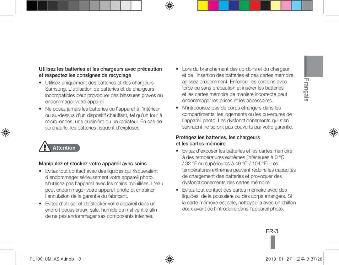 Samsung EC-PL100ZBPBE1, EC-PL101ZBDSE1, EC-PL100ZBPSE1, EC-PL100ZBPBZA FR-3, Manipulez et stockez votre appareil avec soins 