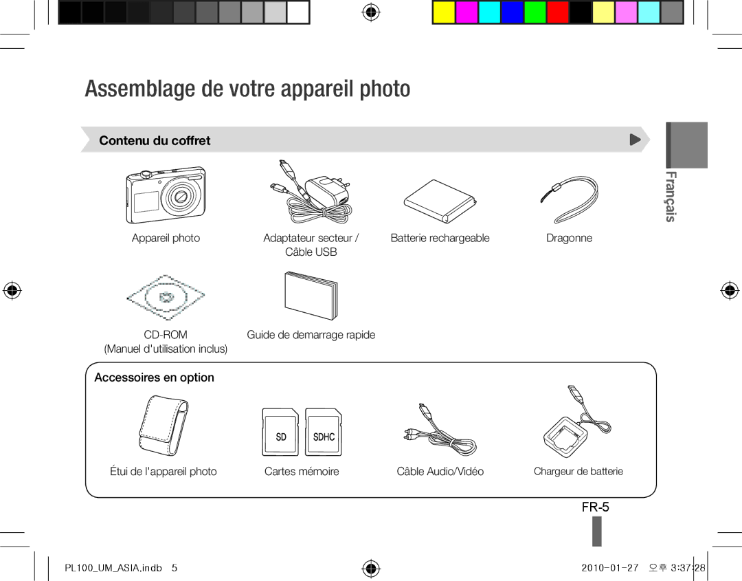 Samsung EC-PL100ZBPVDZ, EC-PL101ZBDSE1 Assemblage de votre appareil photo, FR-5, Contenu du coffret, Accessoires en option 