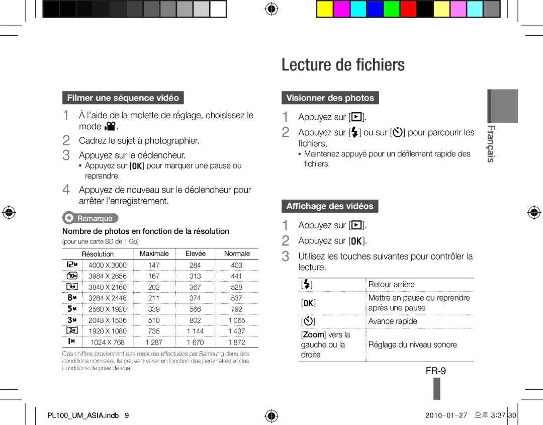 Samsung EC-PL100ZDPBME, EC-PL101ZBDSE1 manual Lecture de fichiers, FR-9, Filmer une séquence vidéo, Visionner des photos 