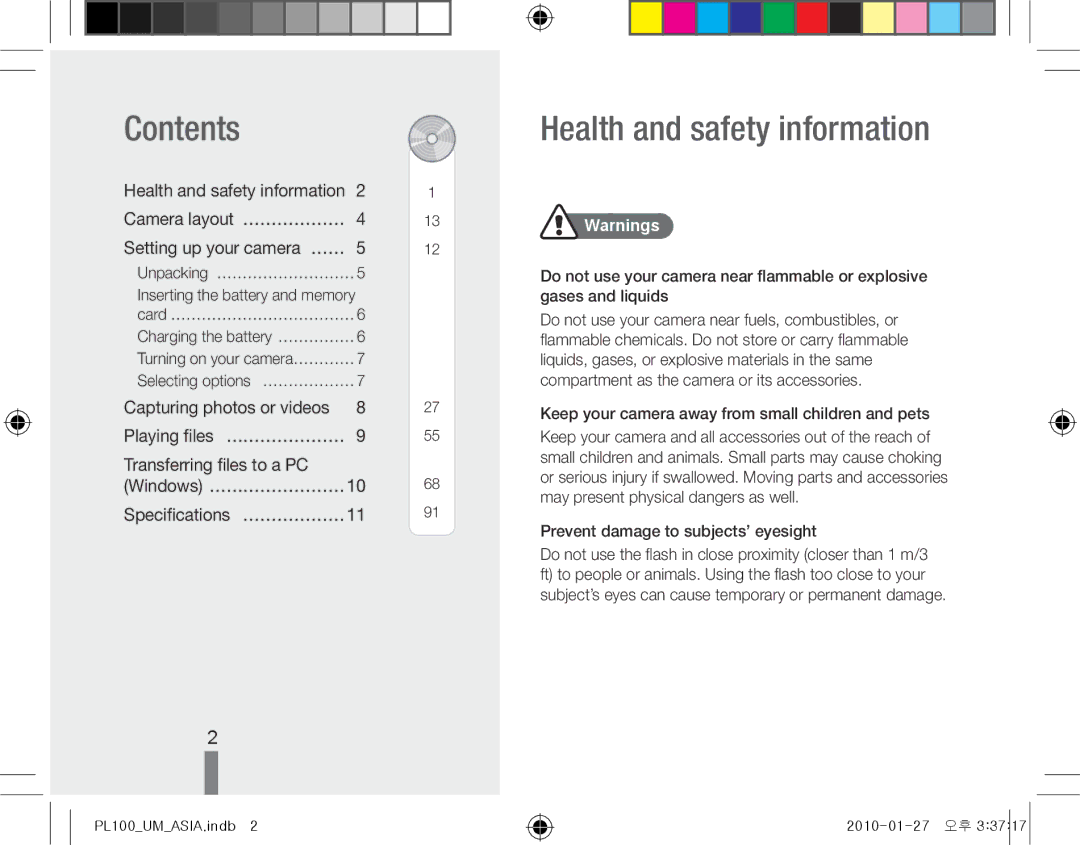 Samsung EC-PL100ZBPBZA, EC-PL101ZBDSE1, EC-PL100ZBPSE1, EC-PL101ZBPBE1 manual Contents, Health and safety information 