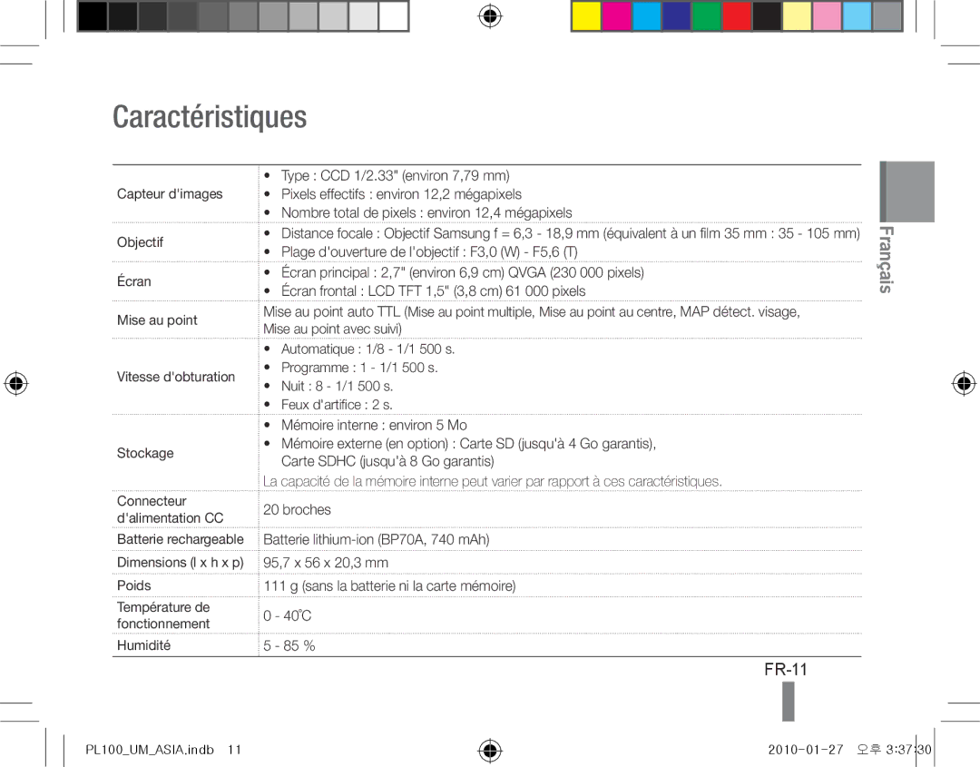 Samsung EC-PL100ZDPVIR, EC-PL101ZBDSE1, EC-PL100ZBPSE1, EC-PL100ZBPBZA, EC-PL101ZBPBE1, EC-PL100ZBPSGB Caractéristiques, FR-11 