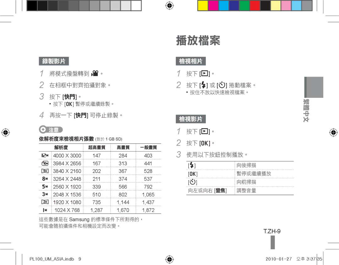 Samsung EC-PL100ZBPSDZ, EC-PL101ZBDSE1, EC-PL100ZBPSE1, EC-PL100ZBPBZA, EC-PL101ZBPBE1, EC-PL100ZBPSGB manual 錄製影片, ZH-9 