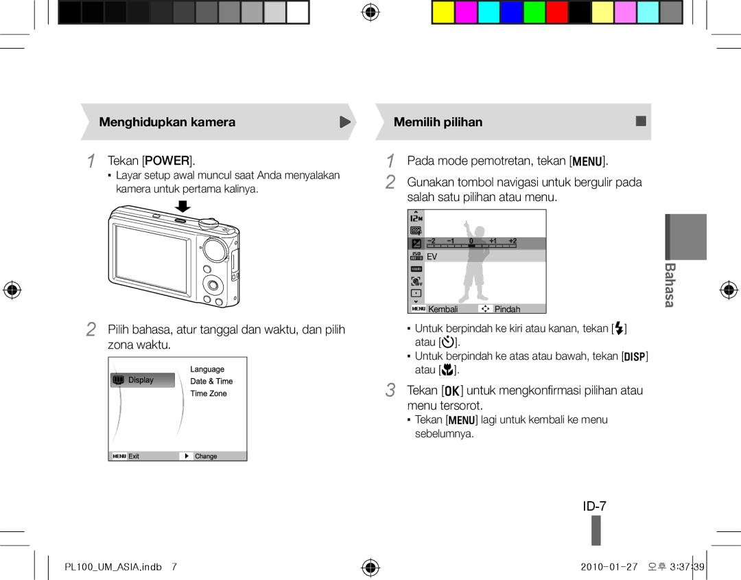 Samsung EC-PL100ZDPPIR, EC-PL101ZBDSE1, EC-PL100ZBPSE1, EC-PL100ZBPBZA manual ID-7, Menghidupkan kamera, Memilih pilihan 