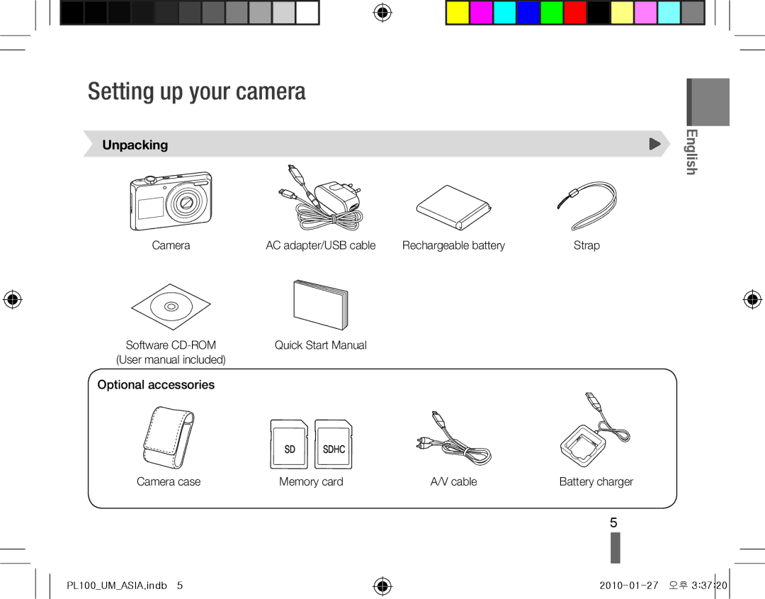 Samsung EC-PL100ZBPPE1, EC-PL101ZBDSE1, EC-PL100ZBPSE1 manual Setting up your camera, Unpacking, Optional accessories 