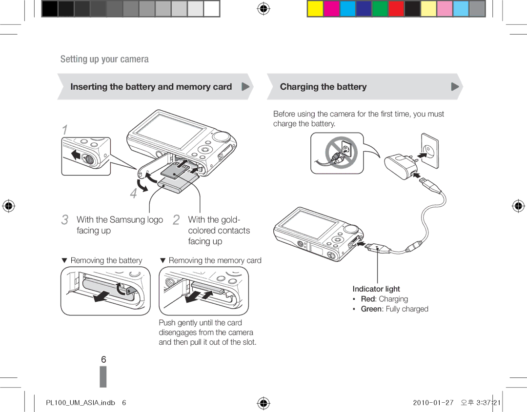 Samsung EC-PL100ZBPVE1, EC-PL101ZBDSE1, EC-PL100ZBPSE1 manual Inserting the battery and memory card Charging the battery 