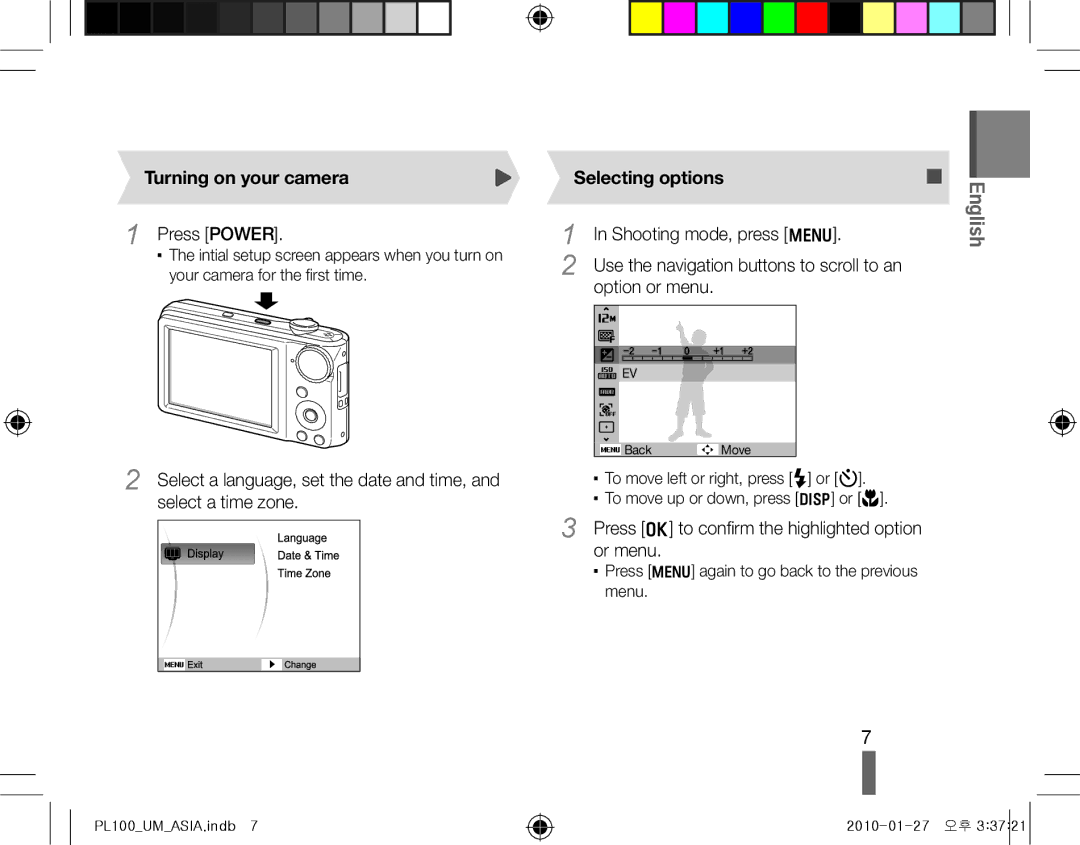 Samsung EC-PL100ZBPBGB, EC-PL101ZBDSE1, EC-PL100ZBPSE1, EC-PL100ZBPBZA manual Turning on your camera, Selecting options 