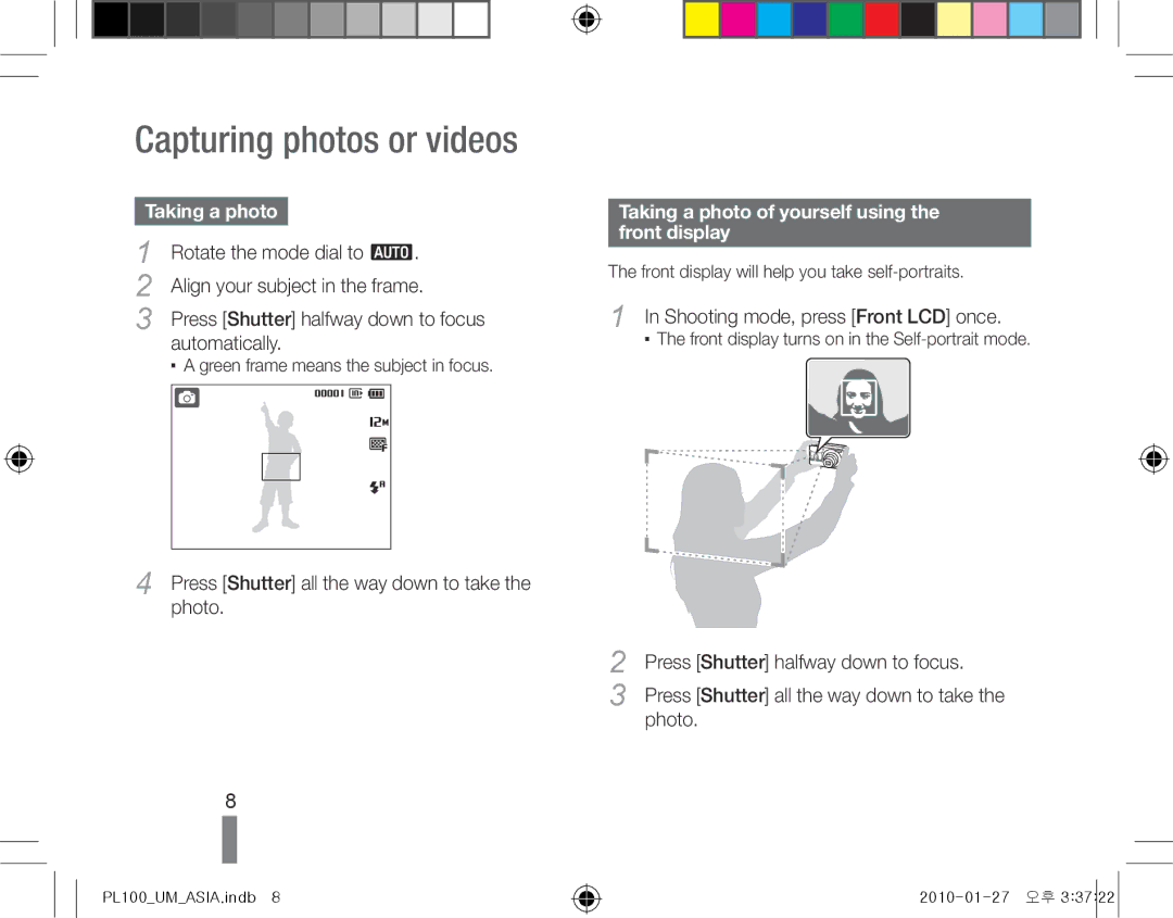 Samsung EC-PL100ZBPEE1, EC-PL101ZBDSE1 Capturing photos or videos, Taking a photo of yourself using the front display 