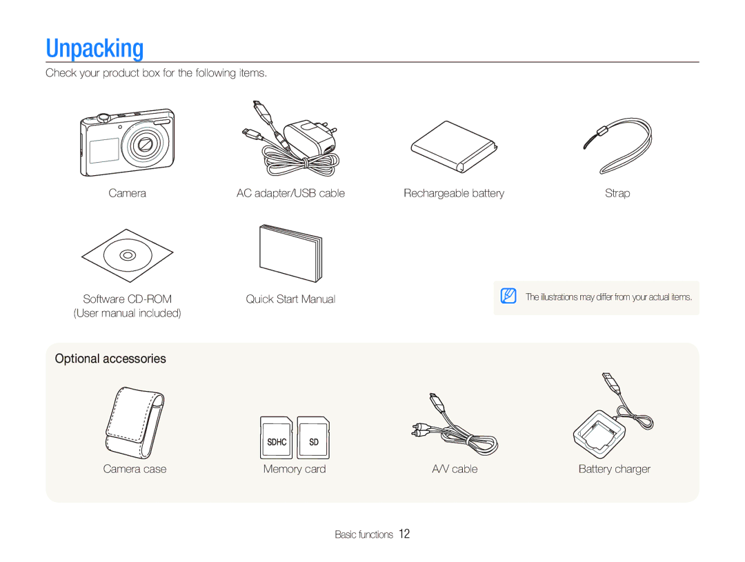 Samsung EC-PL100ZBPBE1, EC-PL101ZBDSE1 Unpacking, Optional accessories, Camera case Memory card Cable, Basic functions 