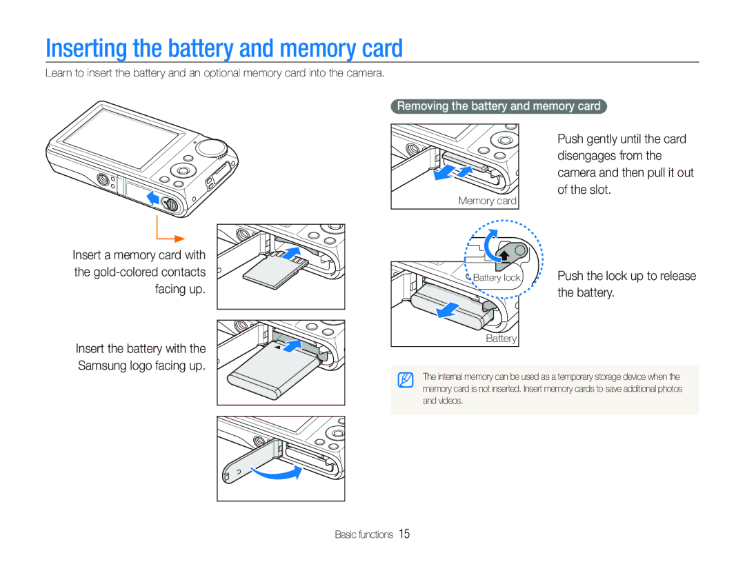 Samsung EC-PL100ZBPPDZ manual Inserting the battery and memory card, Battery, Removing the battery and memory card 