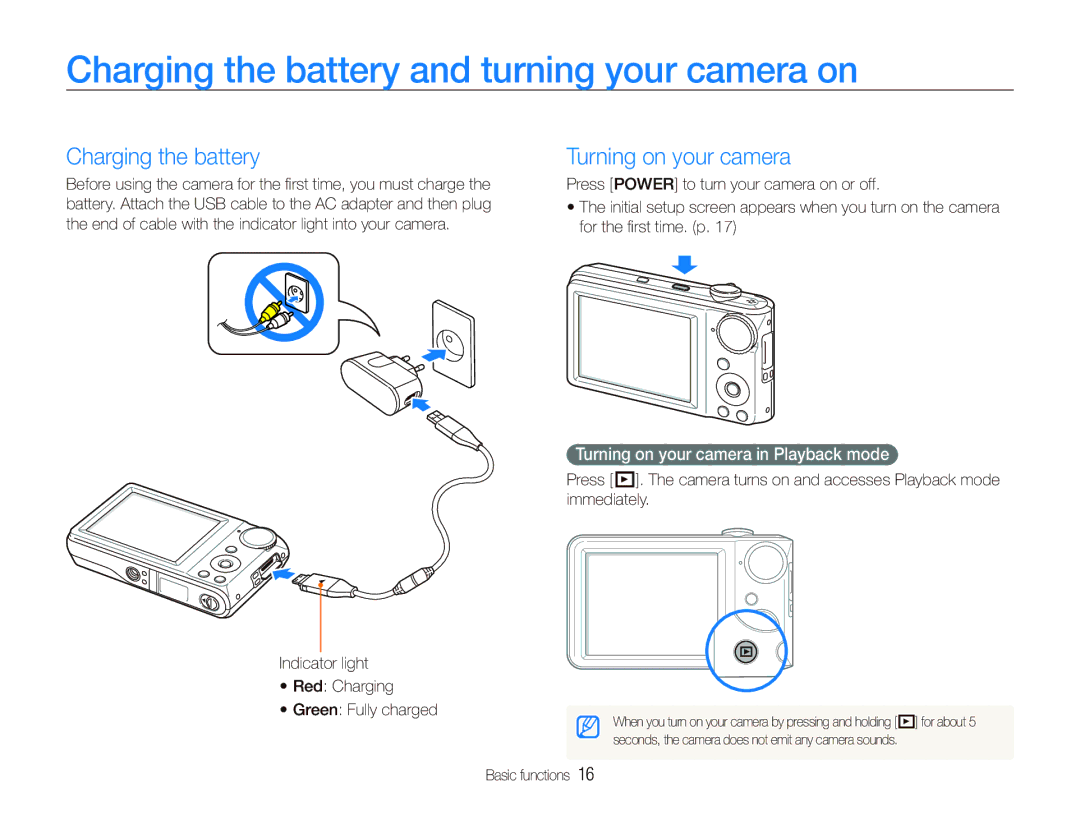 Samsung EC-PL100ZBPSIL, EC-PL101ZBDSE1 manual Charging the battery and turning your camera on, Turning on your camera 