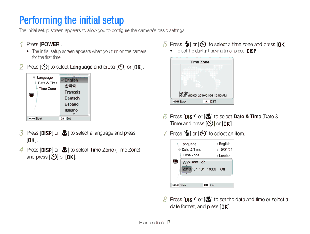 Samsung EC-PL100ZBPVZA, EC-PL101ZBDSE1, EC-PL100ZBPSE1, EC-PL100ZBPBZA manual Performing the initial setup, Press Power 