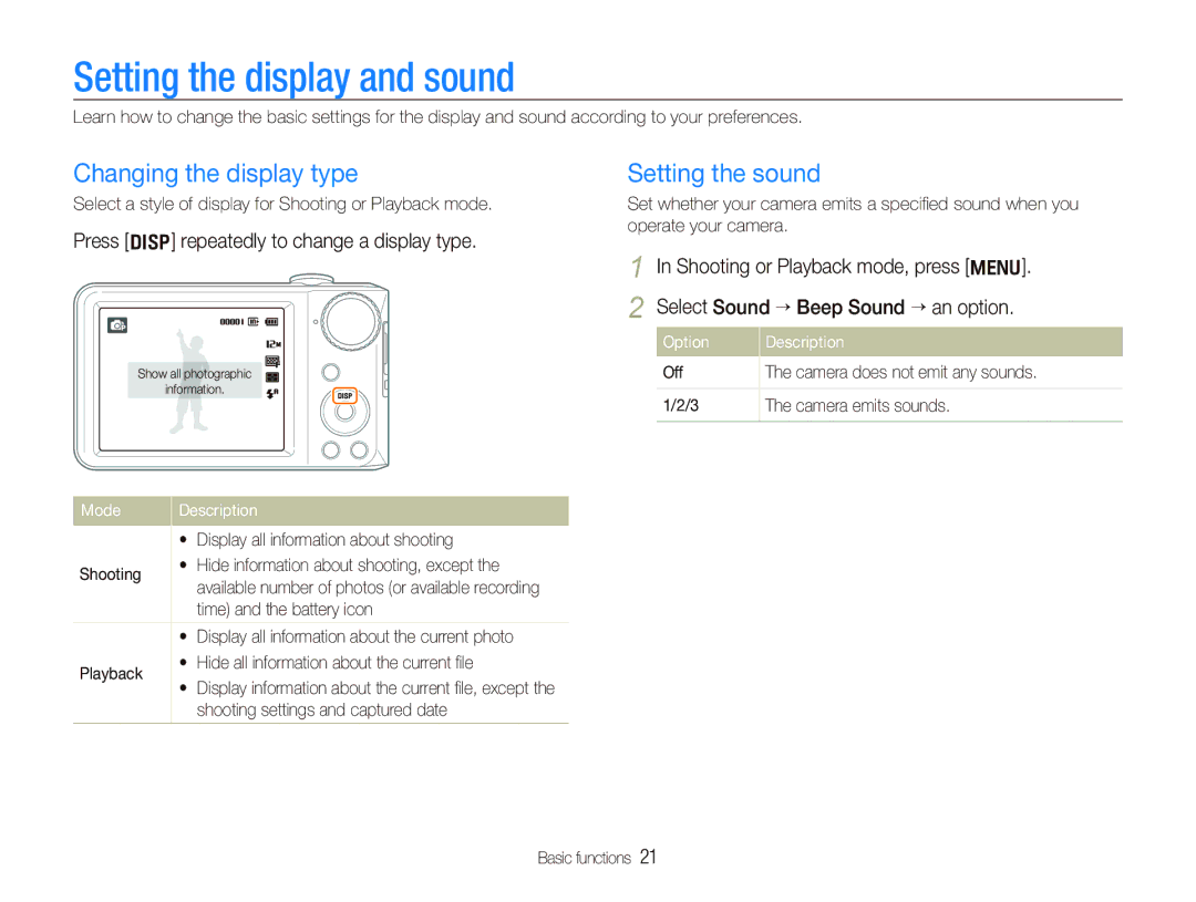 Samsung EC-PL100ZDPVME, EC-PL101ZBDSE1 manual Setting the display and sound, Changing the display type, Setting the sound 